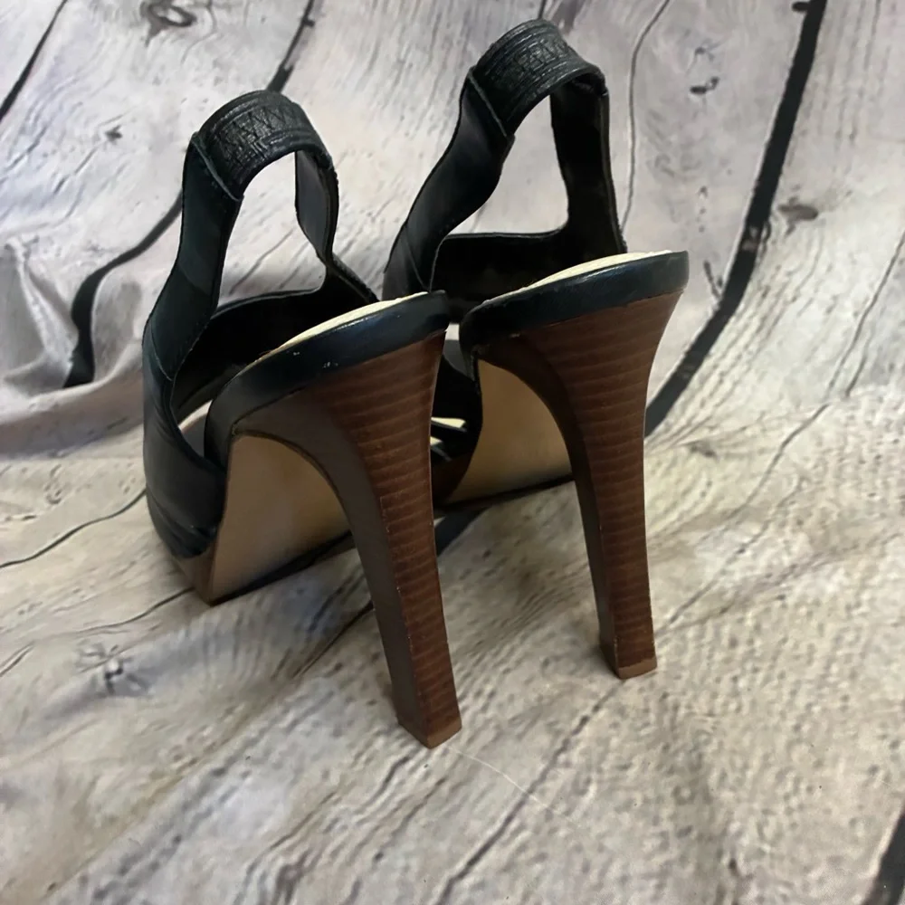 Black Caged Boho Chic Strappy Platform Slingback Faux Wood Block Heel Sandals 9